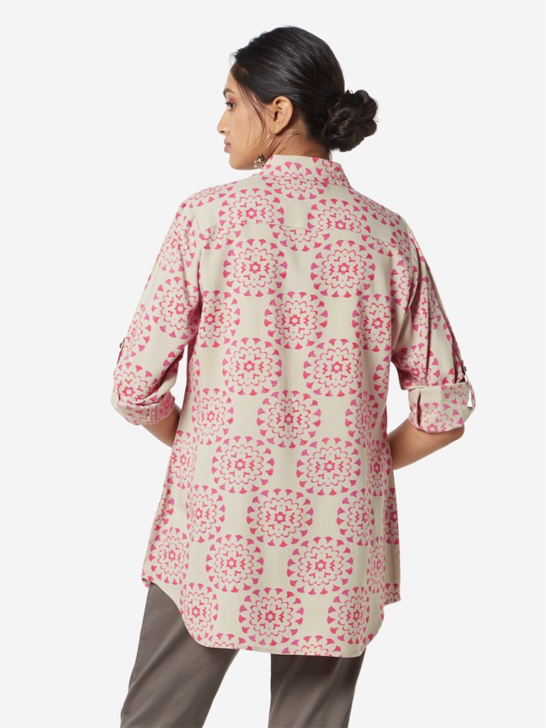 Utsa Beige Floral Print Ethnic Top