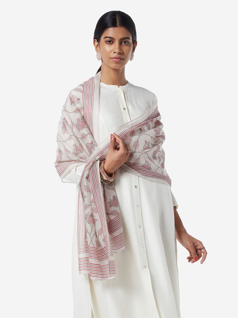 Zuba Light Grey Printed Cotton-Silk Stole