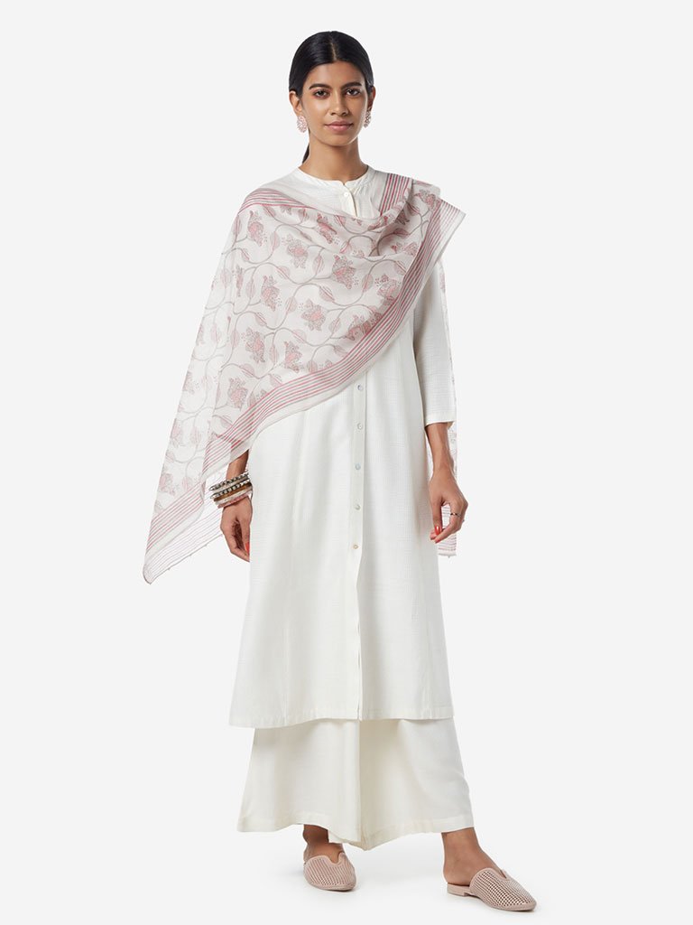 Zuba Light Grey Printed Cotton-Silk Stole