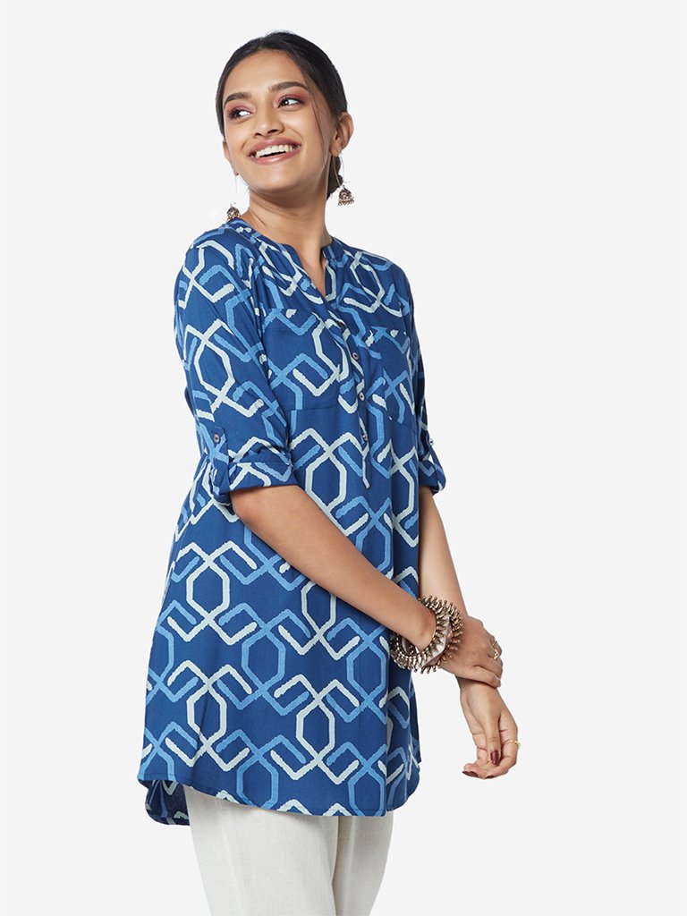 Utsa Indigo A-Line Geometrical Print Kurti