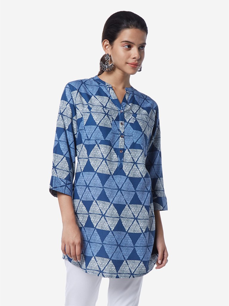 Utsa Blue Block Print A-line Kurti
