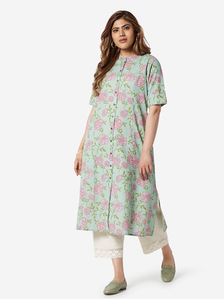 Diza Curve Mint Green Floral Pattern Straight Kurta