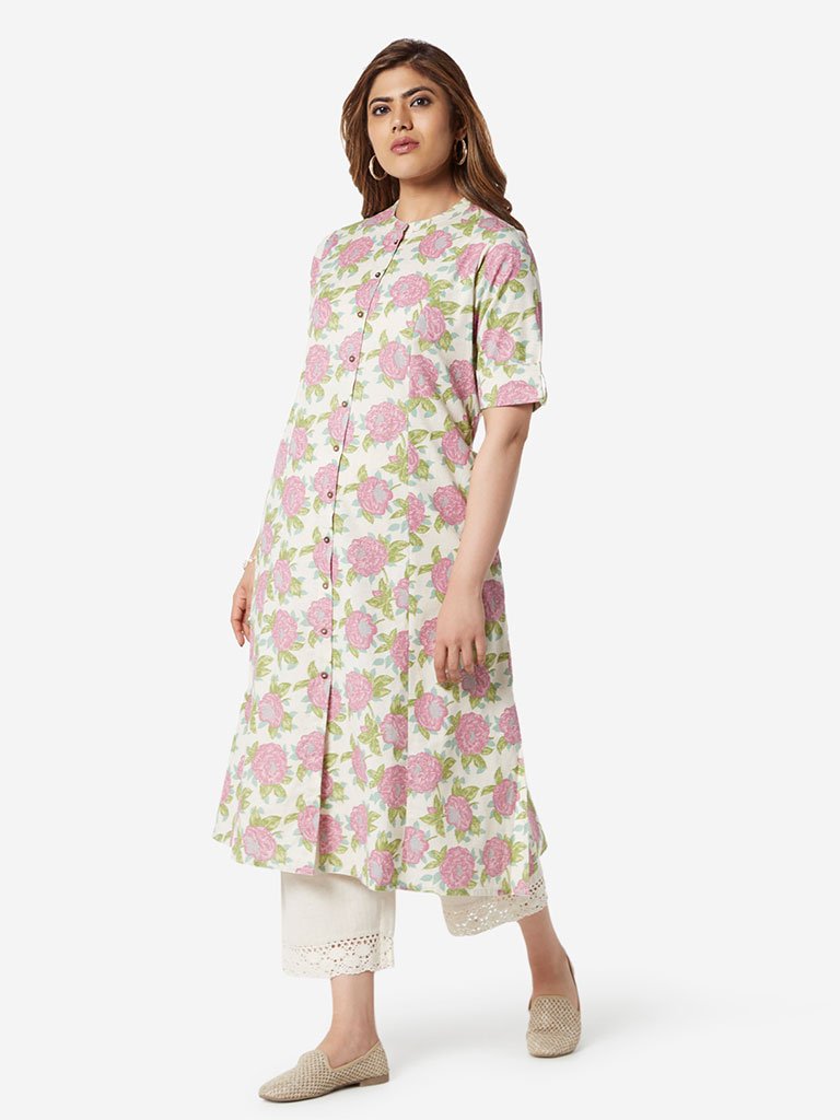 Diza Curve Pink And White Floral A-Line Kurta