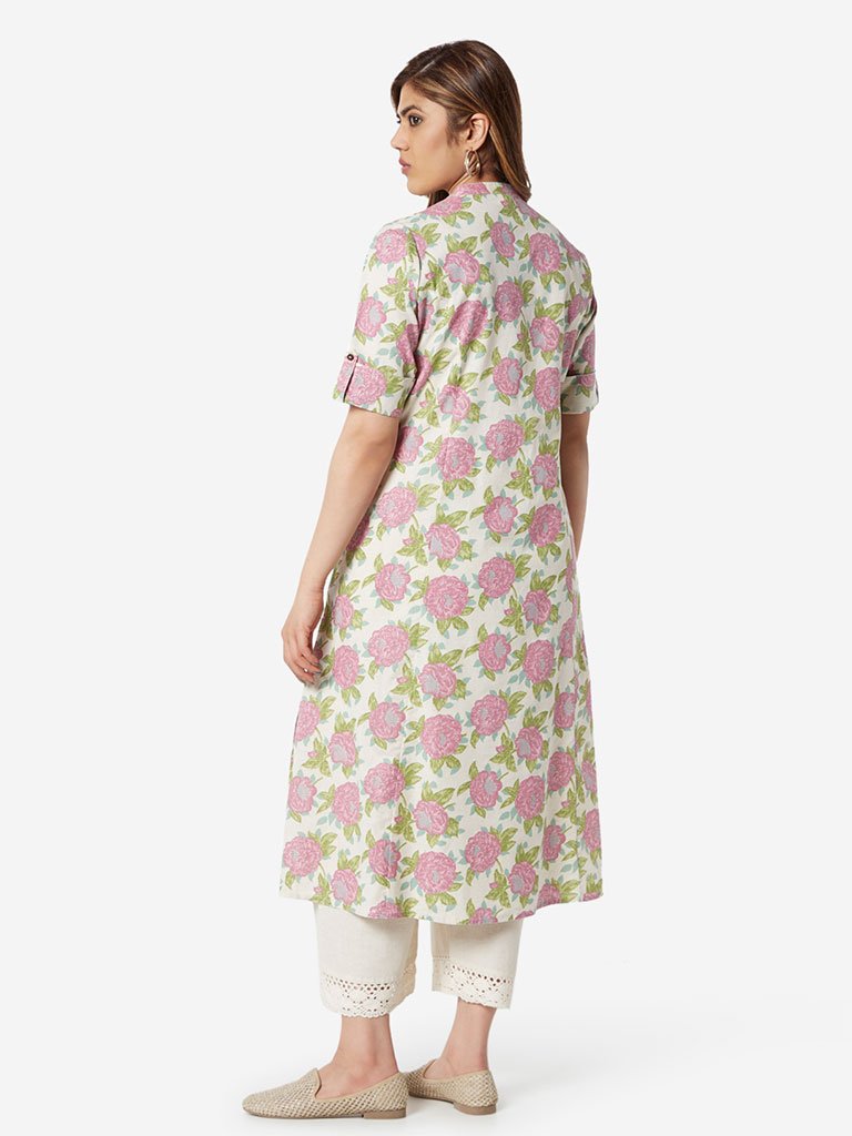 Diza Curve Pink And White Floral A-Line Kurta