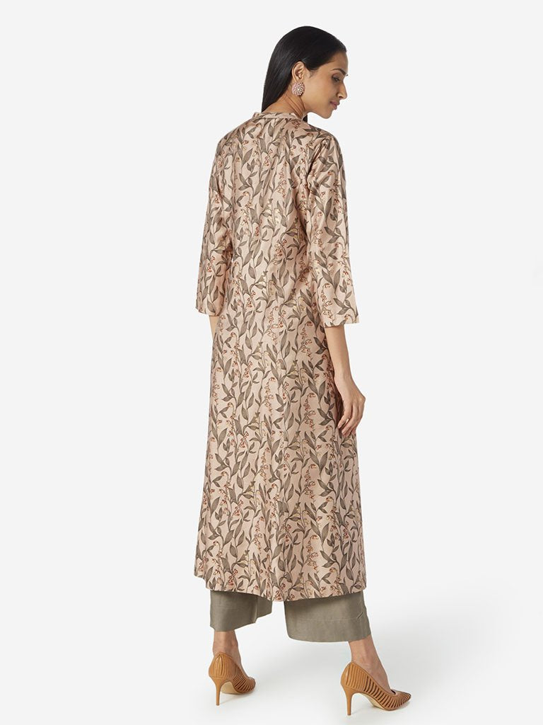 Zuba Light Brown Floral Print A-line Kurta