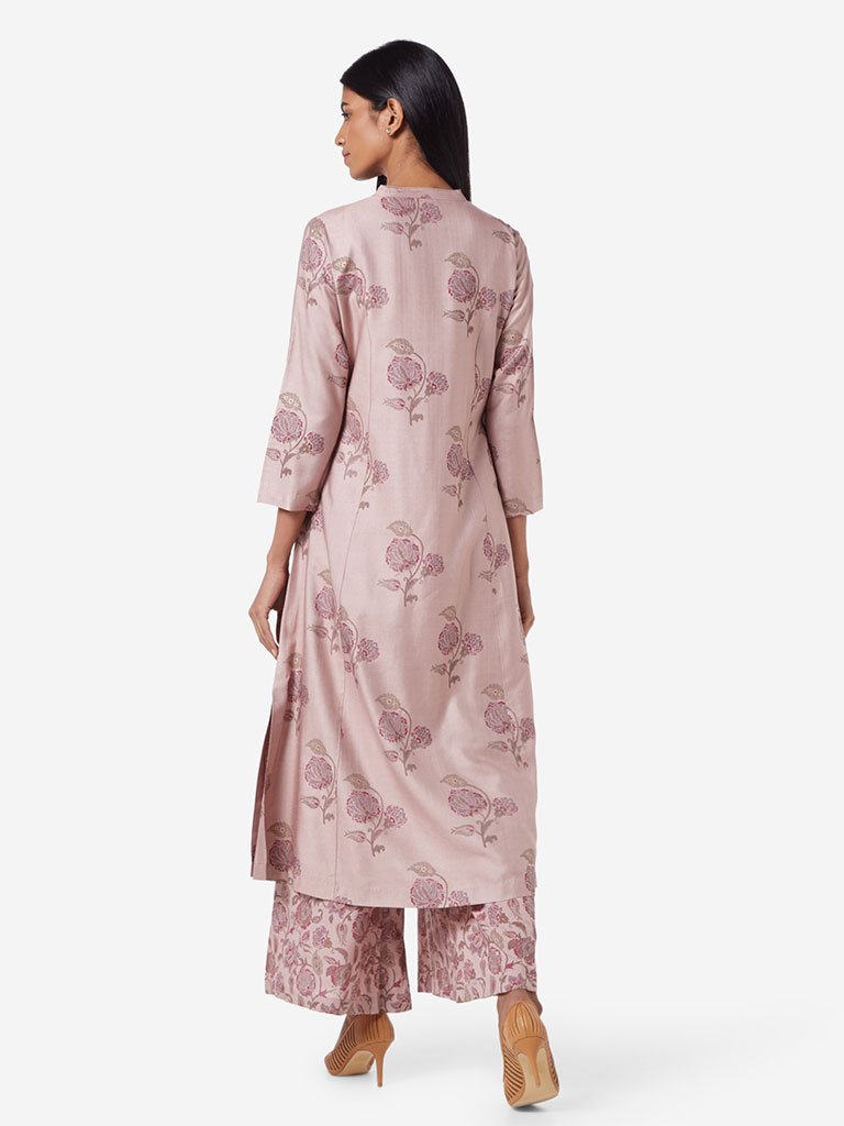 Zuba Lilac A-Line Silk Blend Floral Kurta