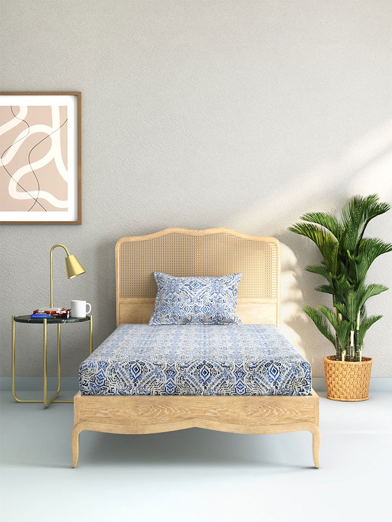 Westside Home Blue 210 TC Sateen Single Bedsheet With Pillowcase