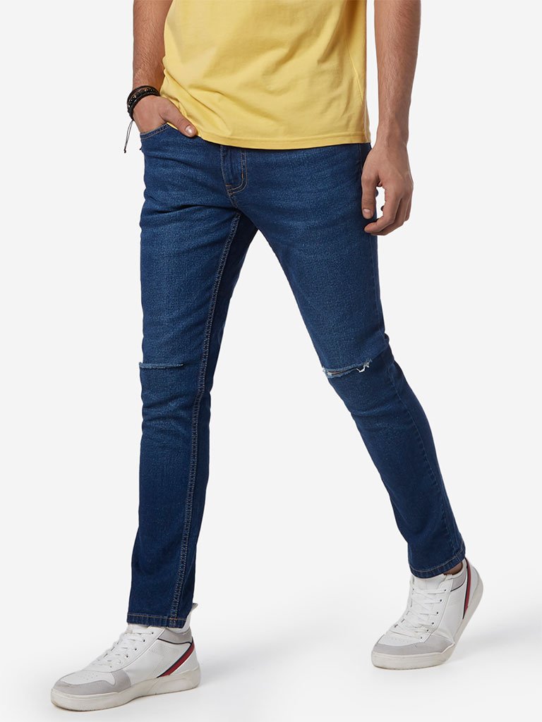 Nuon Dark Blue Distress Skinny Fit Rocker Jeans