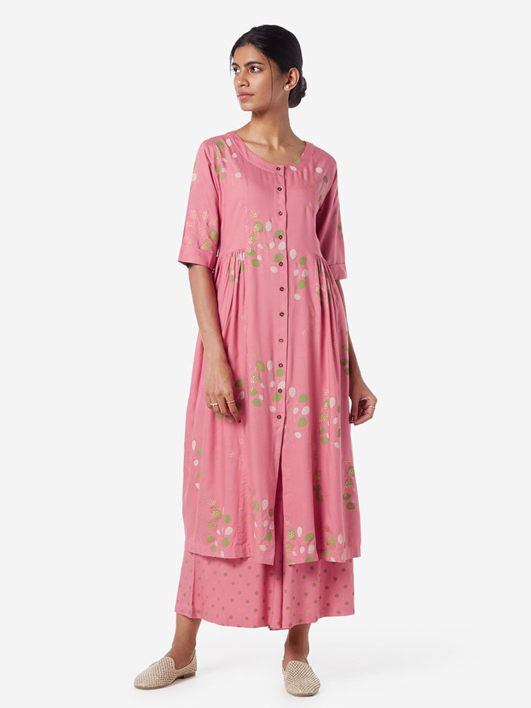 Utsa Pink Printed Fit-And-Flare Kurta