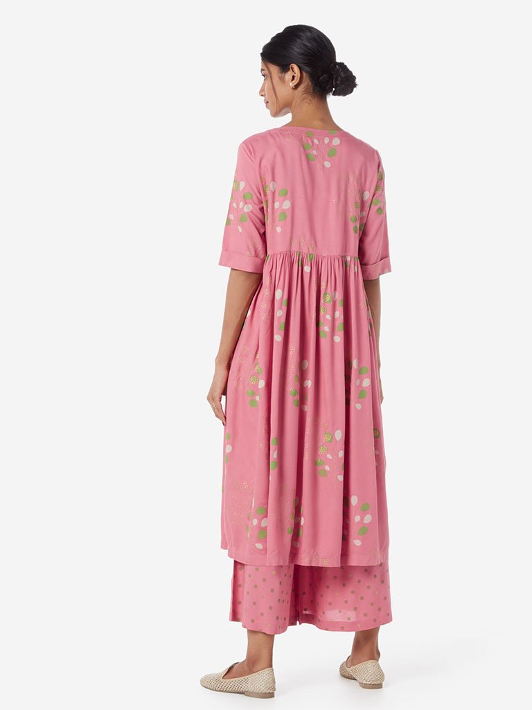 Utsa Pink Printed Fit-And-Flare Kurta
