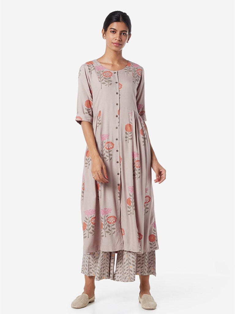 Utsa Grey Floral Print Fit-And-Flare Kurta