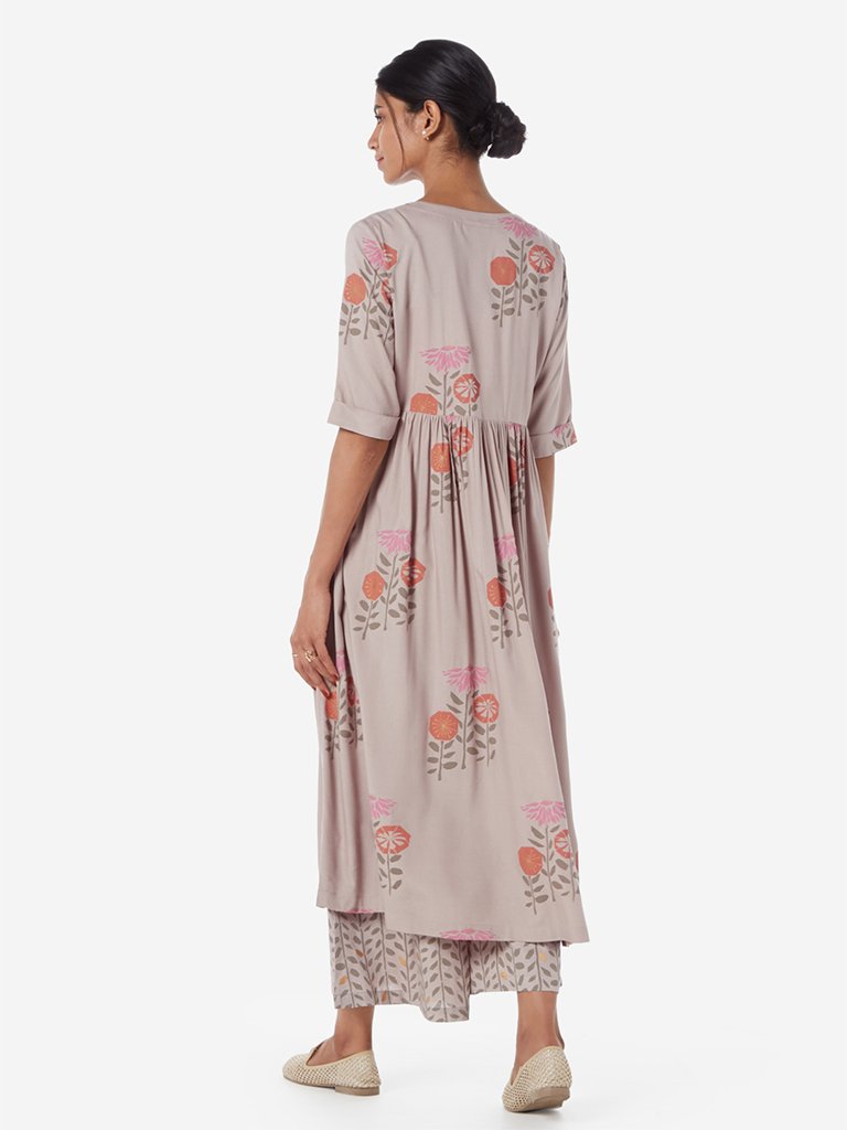 Utsa Grey Floral Print Fit-And-Flare Kurta