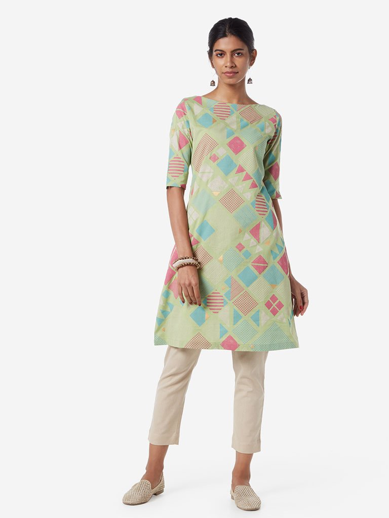 Utsa Green Geometrical Print A-line Kurta