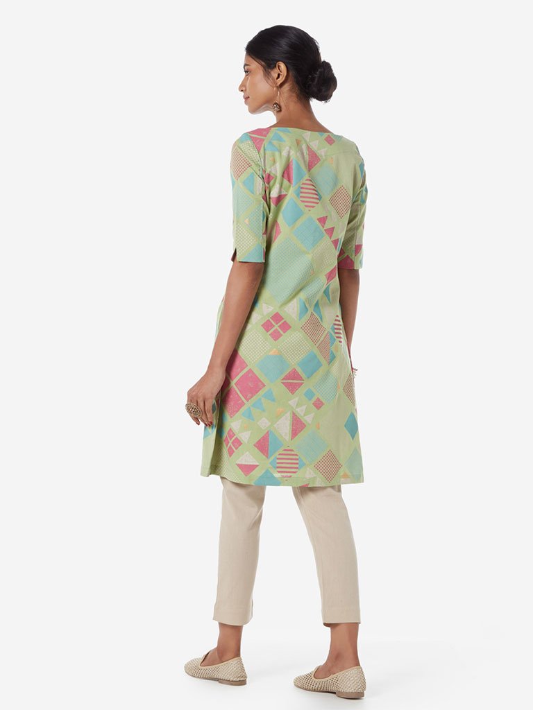 Utsa Green Geometrical Print A-line Kurta