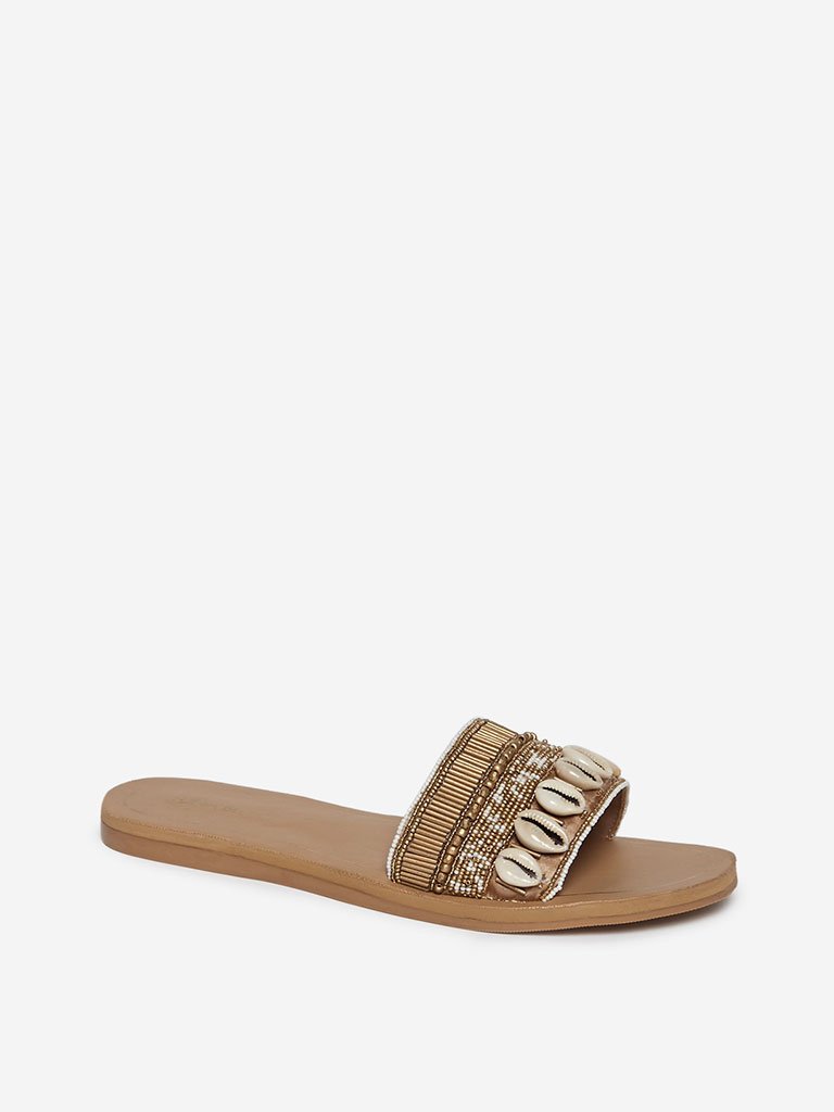 LUNA BLU Gold Cowrie Shell Embellished Slides