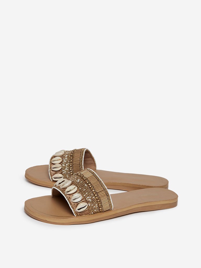 LUNA BLU Gold Cowrie Shell Embellished Slides