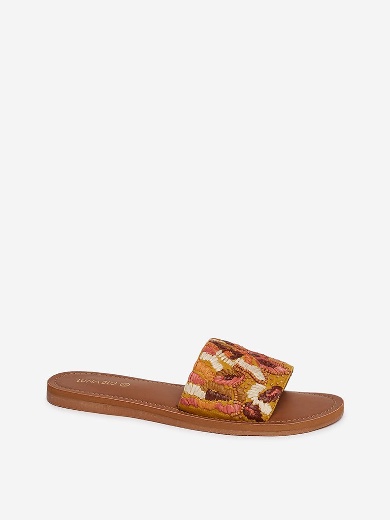 LUNA BLU Ochre Embroidered Slides