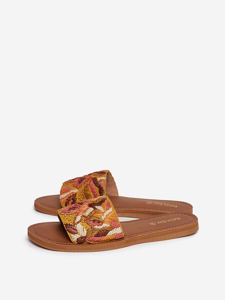 LUNA BLU Ochre Embroidered Slides