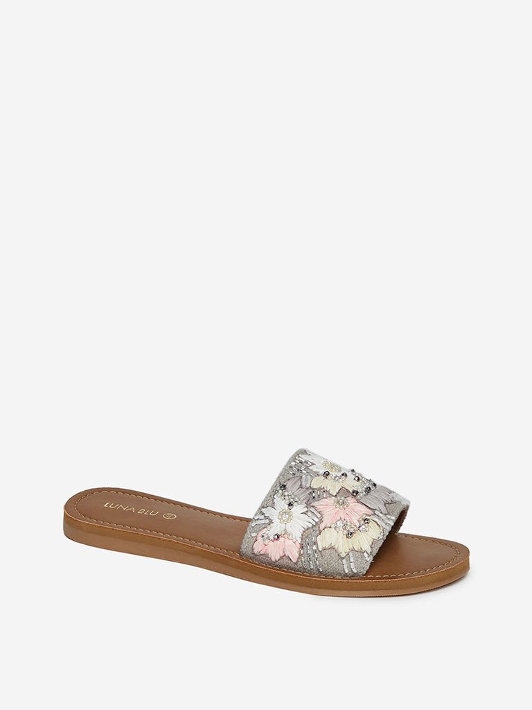 LUNA BLU Grey Embroidered Slides