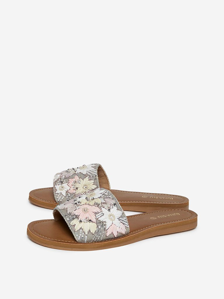 LUNA BLU Grey Embroidered Slides