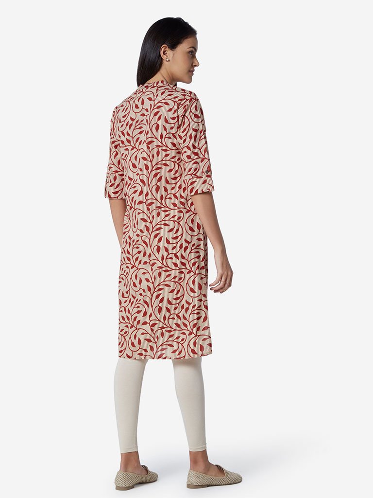Utsa Rust Leaf Print Straight Kurta