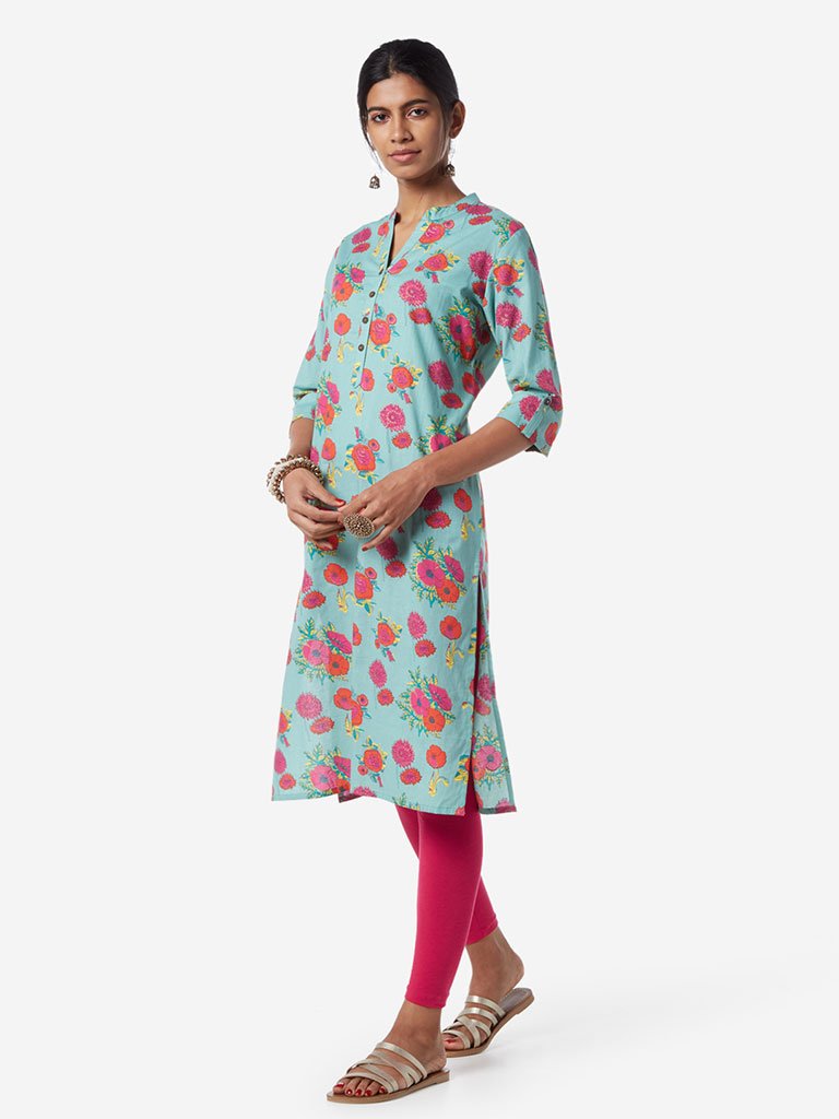 Utsa Turquoise Floral Print Straight Kurta