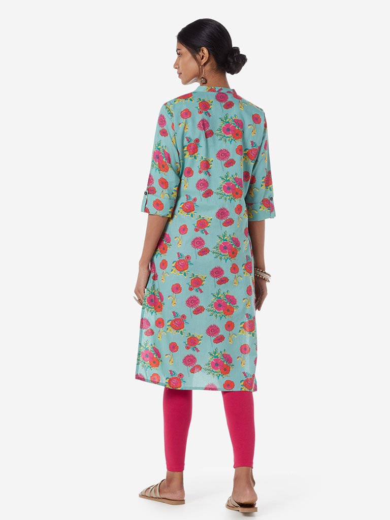 Utsa Turquoise Floral Print Straight Kurta