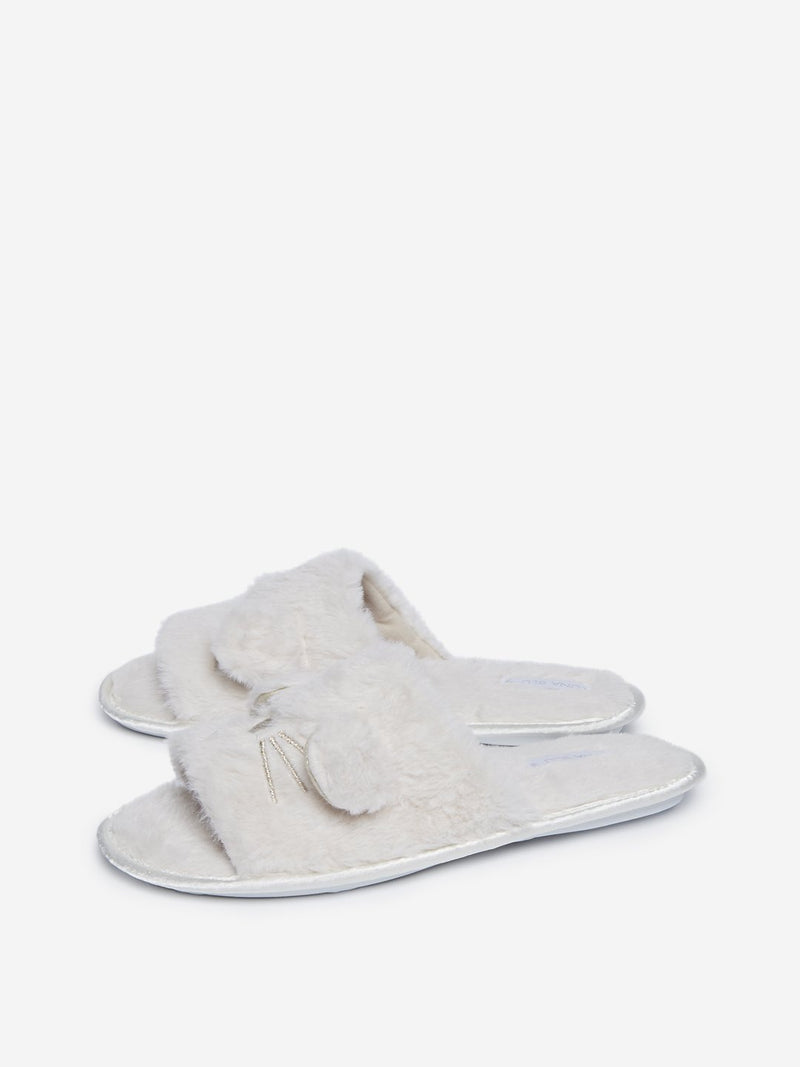 LUNA BLU Off-White Faux-Fur Bedroom Slippers