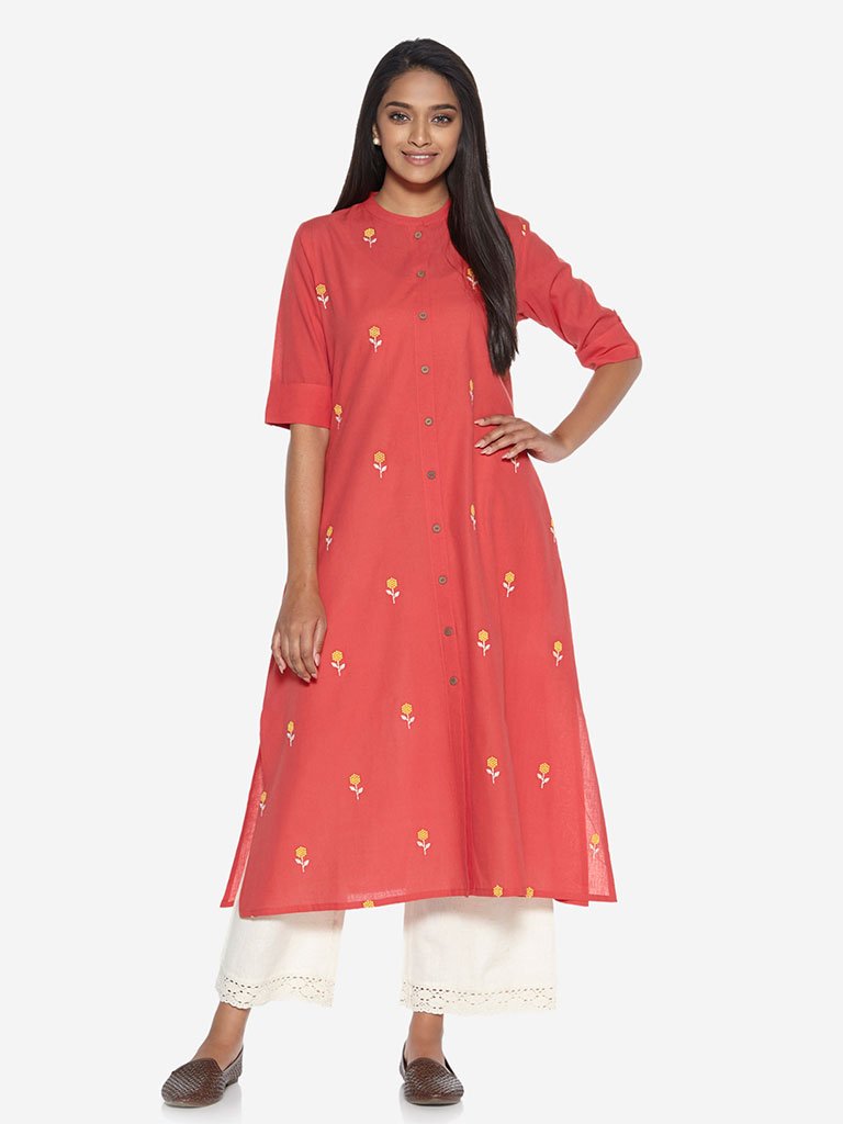 Utsa Coral Floral Embroidery A-line Kurta