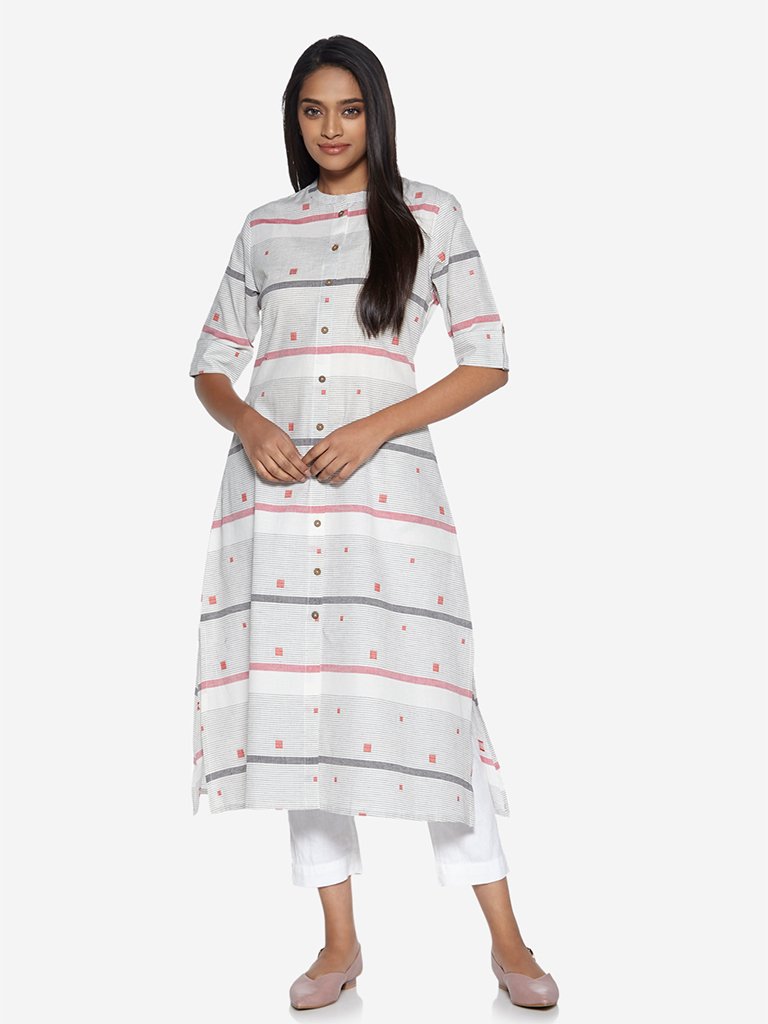 Utsa Off-White Striped A-Line Kurta