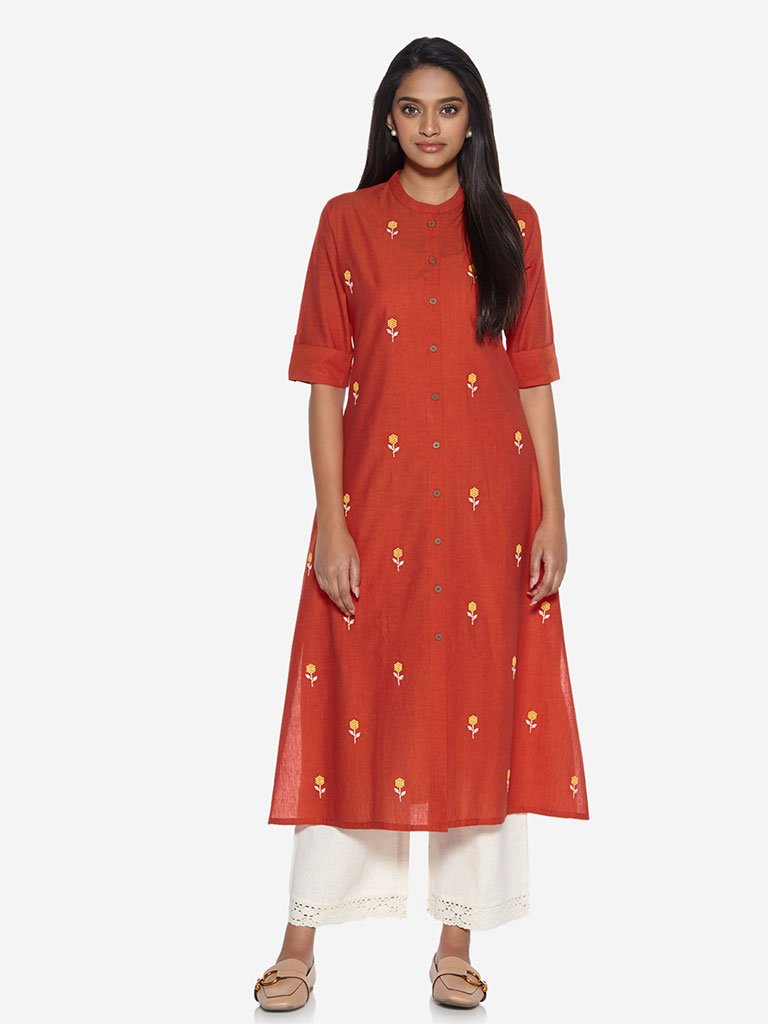 Utsa Orange Floral Embroidery A-line Kurta