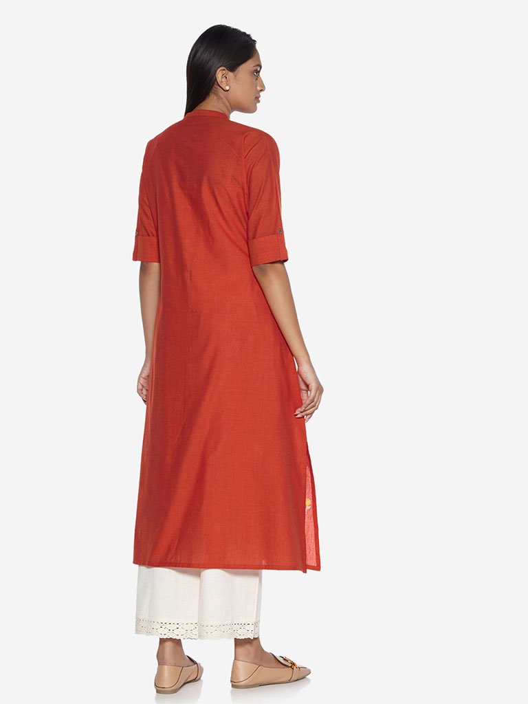 Utsa Orange Floral Embroidery A-line Kurta