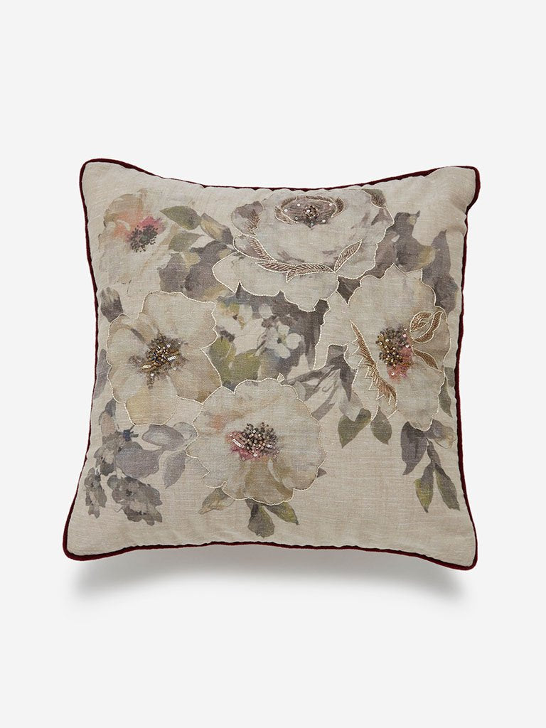 Westside Home Beige Floral Cushion Cover