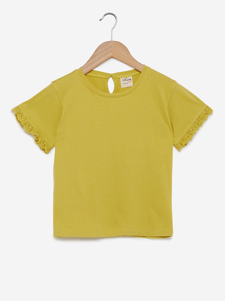 Utsa Kids Lime Ruffled Broderie Anglaise T-Shirt