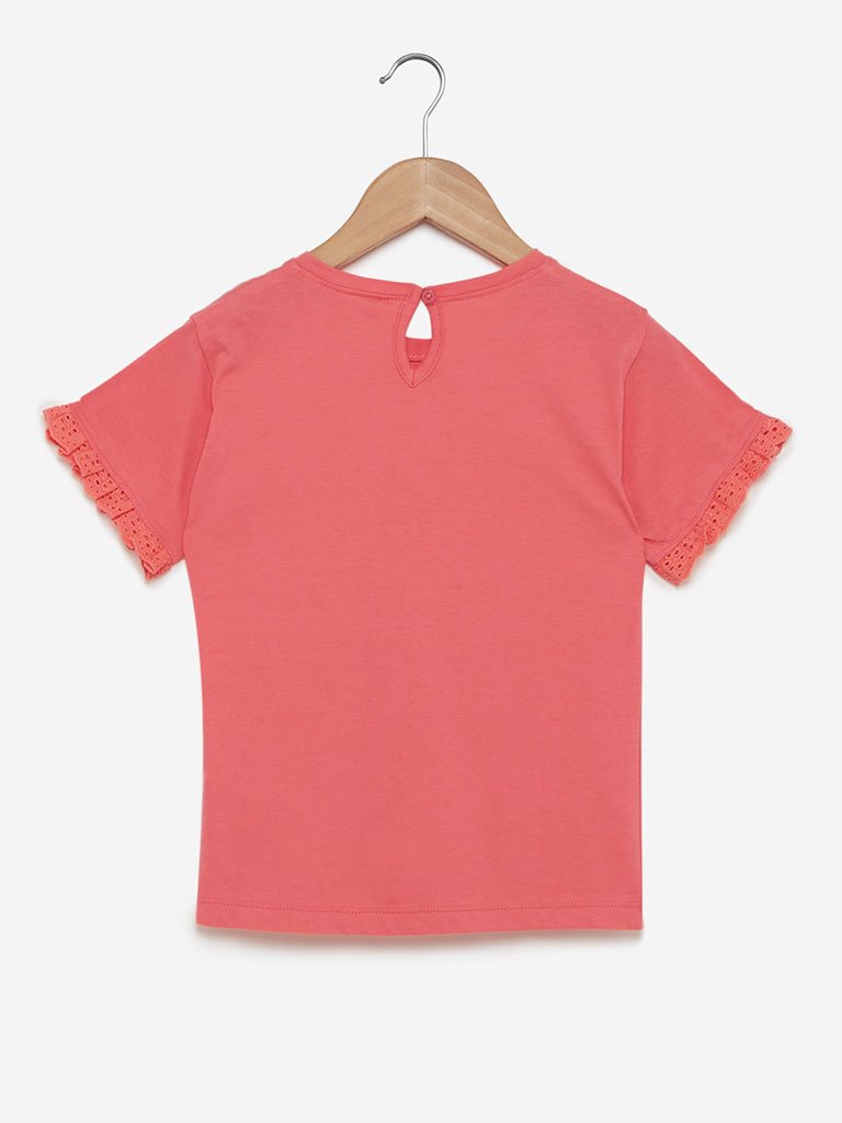 Utsa Kids Coral Ruffle Broderie Anglaise T-Shirt