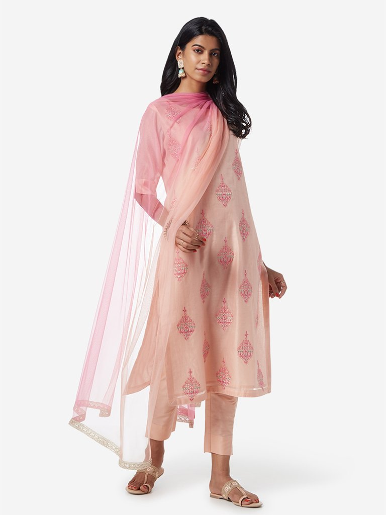 Vark Peach Straight Kurta And Ethnic Pants Set