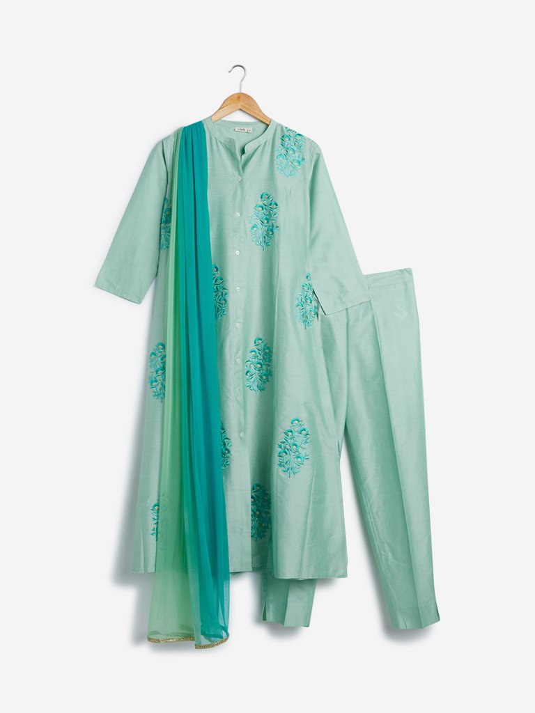 Vark Sea-Green Kurta, Dupatta and Ethnic Pants