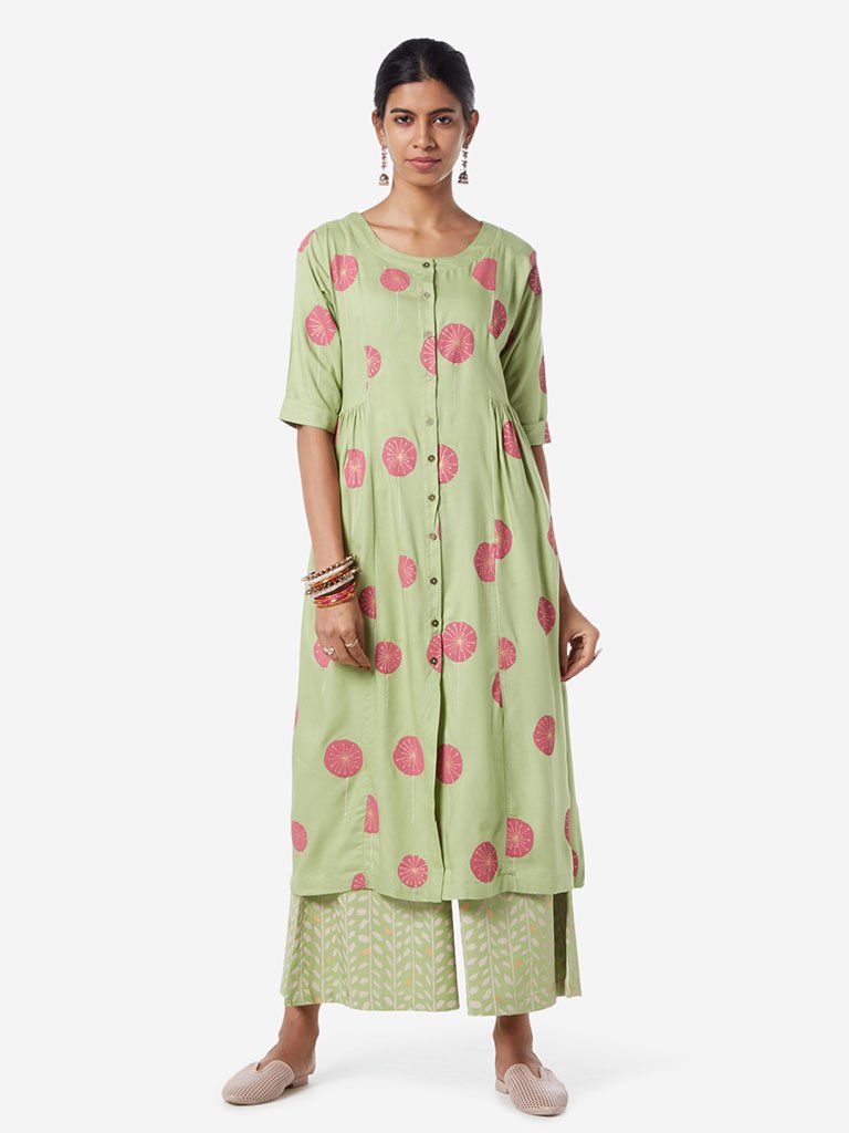Utsa Green Printed Fit-And-Flare Kurta