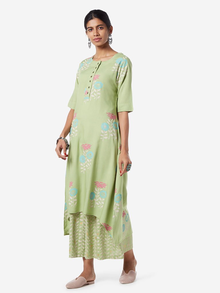 Utsa Light Green Floral High-Low Kurta