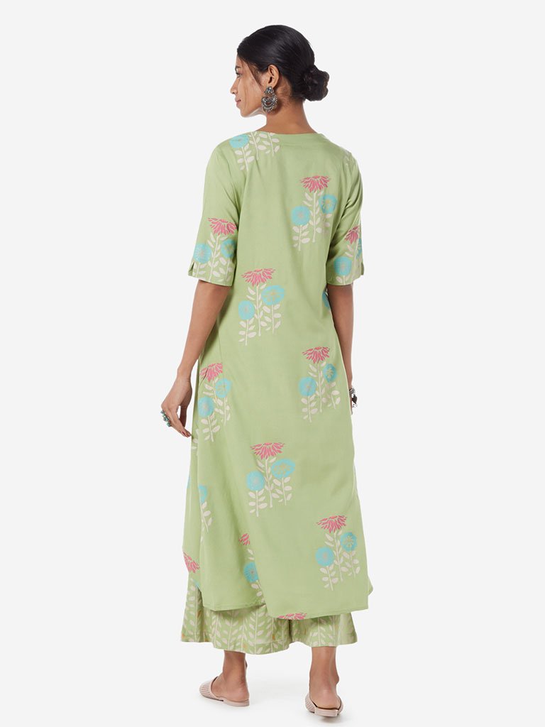Utsa Light Green Floral High-Low Kurta