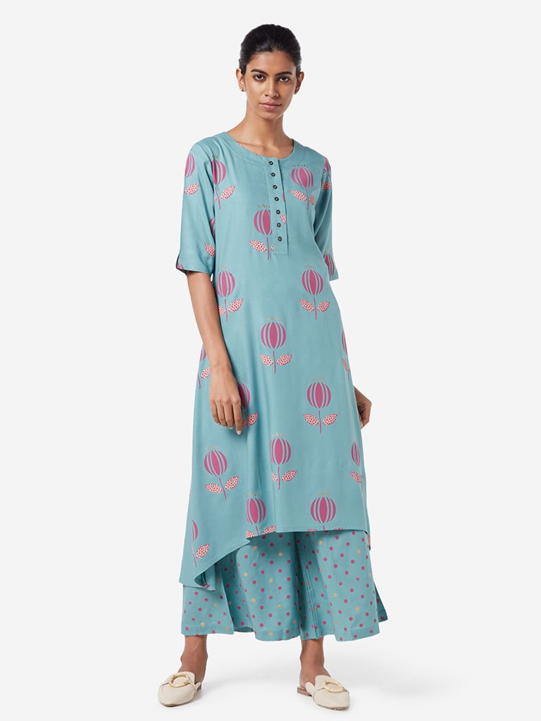 Utsa Turquoise Floral Pattern High-Low Kurta