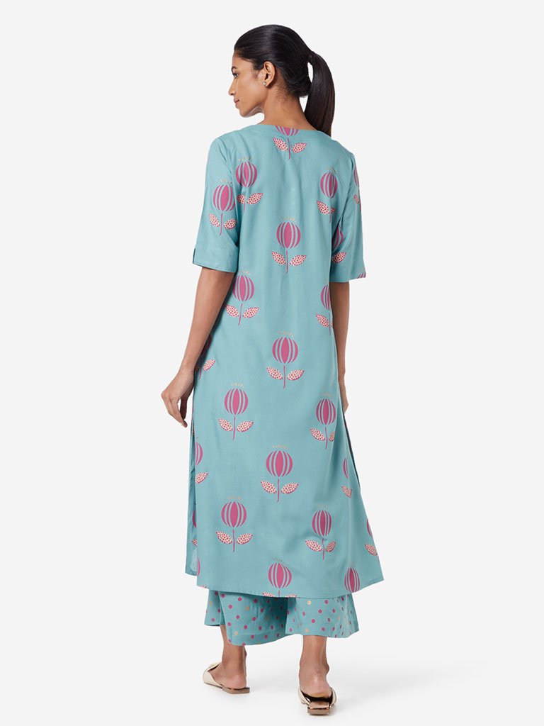 Utsa Turquoise Floral Pattern High-Low Kurta