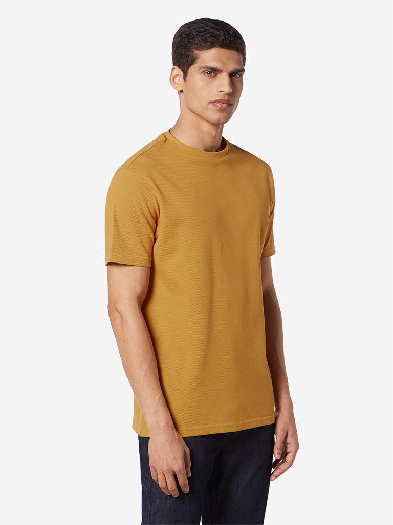 Ascot Mustard Self-Textured Slim Fit T-Shirt