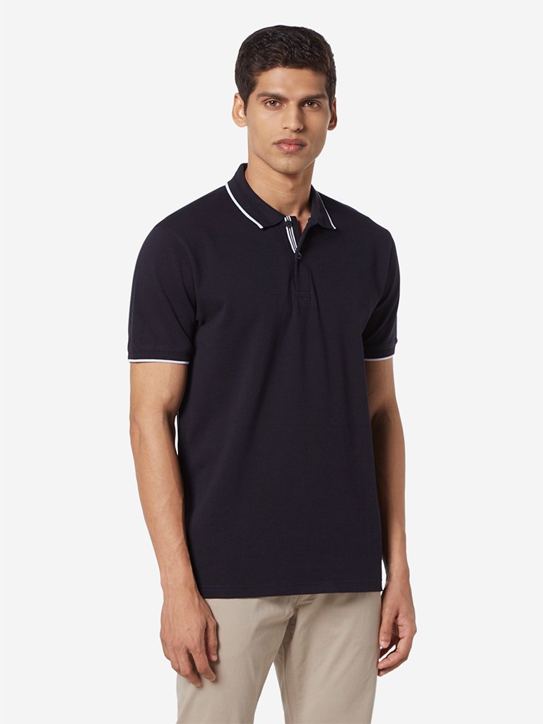 Ascot Navy Self-Textured Slim Fit Polo T-Shirt