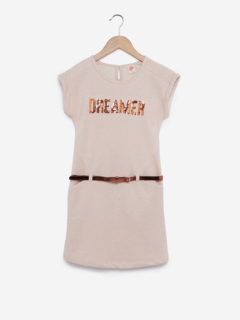 Y&F Kids Peach Sequinned Karen Dress With Belt