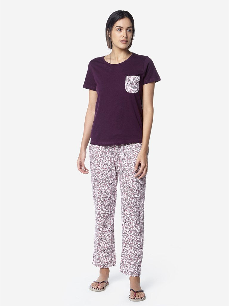 Wunderlove Burgundy Floral T-Shirt And Pyjama Set