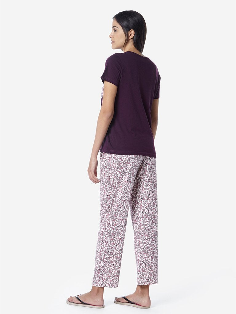 Wunderlove Burgundy Floral T-Shirt And Pyjama Set
