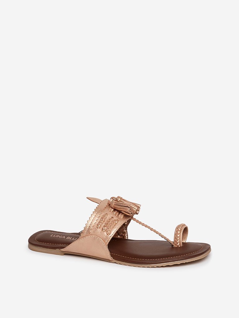 LUNA BLU Rose Gold Braided Kolhapuri Sandals