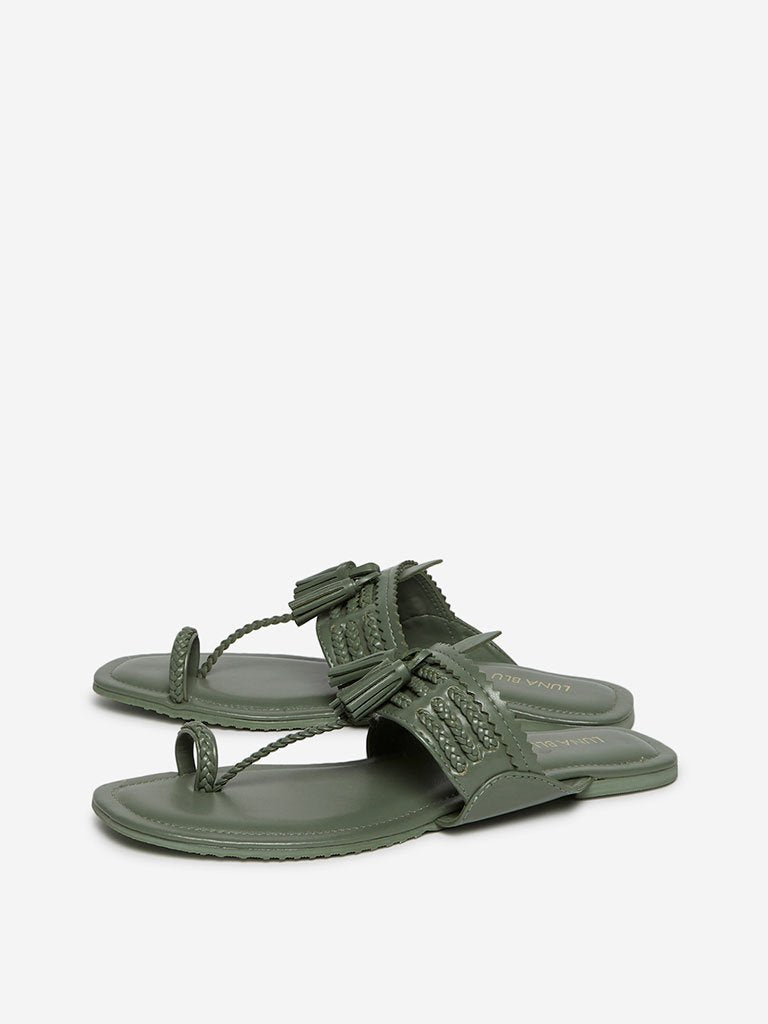 LUNA BLU Khaki Braided Kolhapuri Sandals