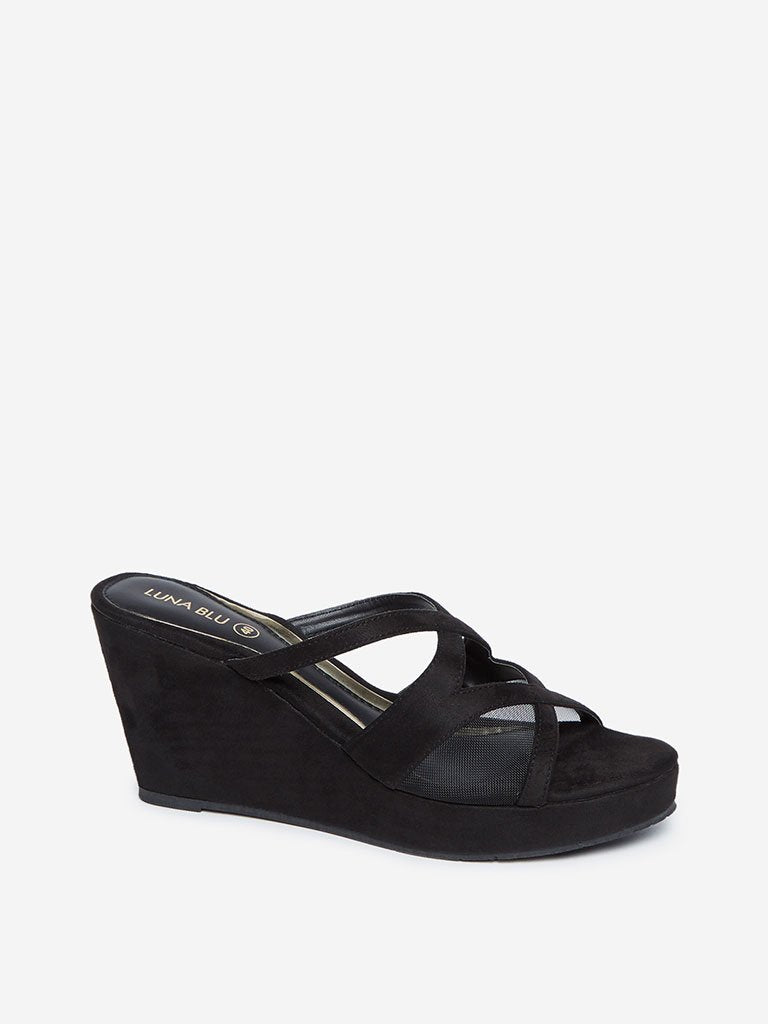 LUNA BLU Black Mesh Wedge-Heel Sandals
